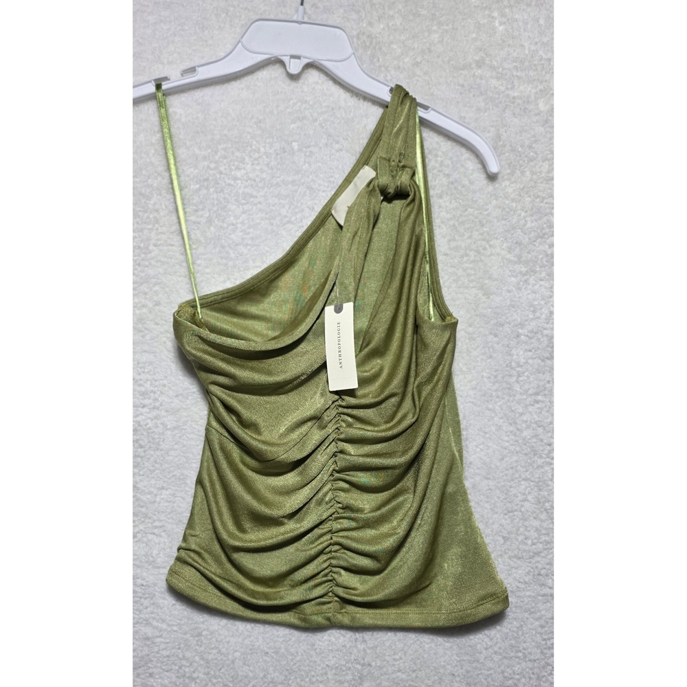 Anthropologie Moss Green Metallic One Shoulder Ruched Top Small NWT